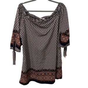 Bottlette Multicolor Print Tunic Blouse with Tie Sleeves 2XL
